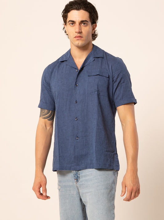 Bowling camicia lino collo francese - Camicia manica corta blu