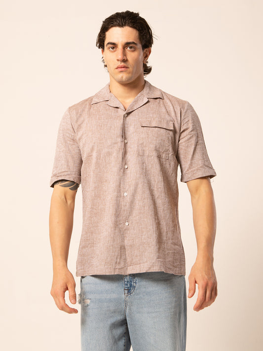 Bowling camicia lino collo francese - Camicia manica corta fango