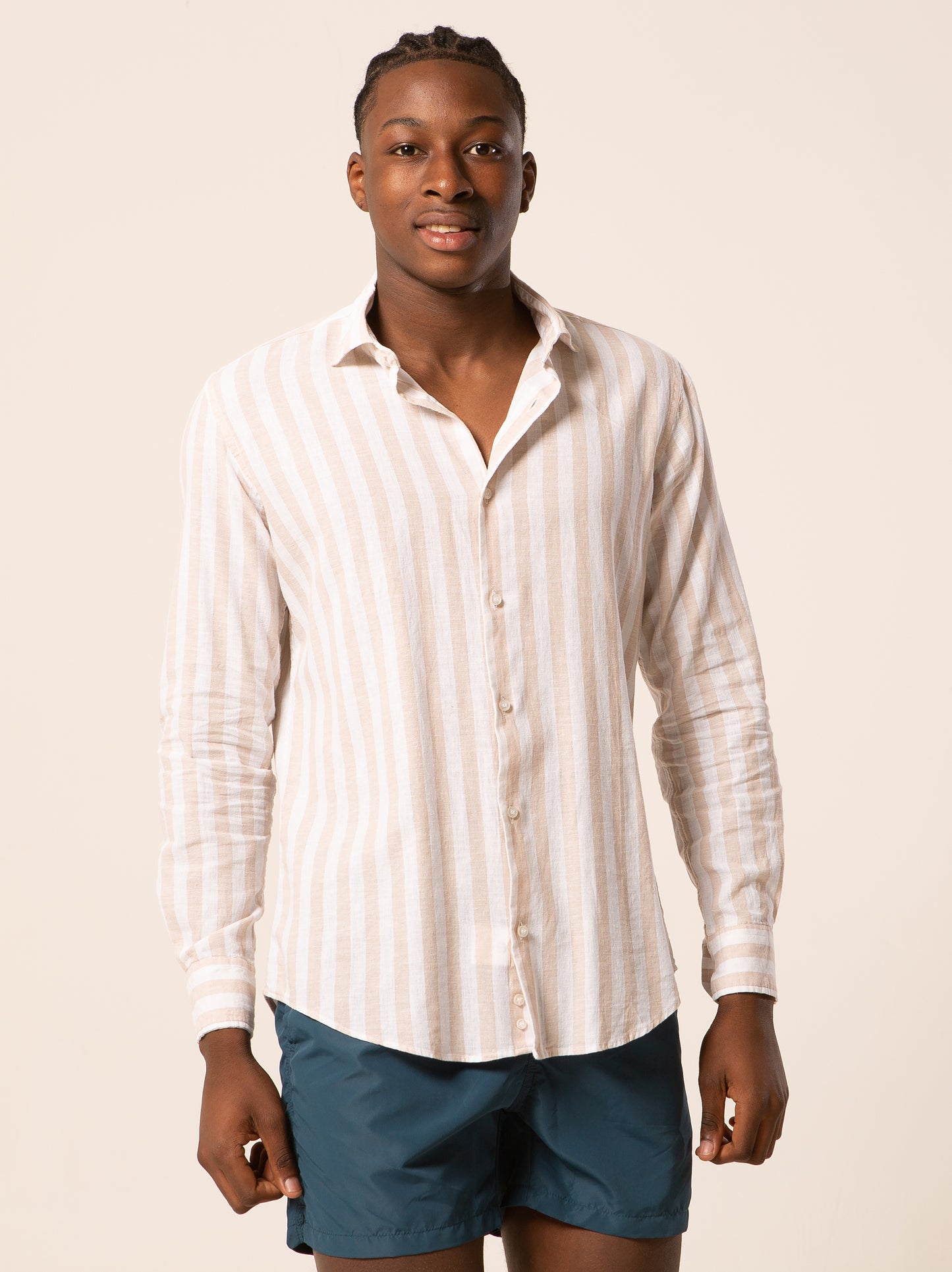 Nizza camicia lino collo francese - Camicia riga larga beige