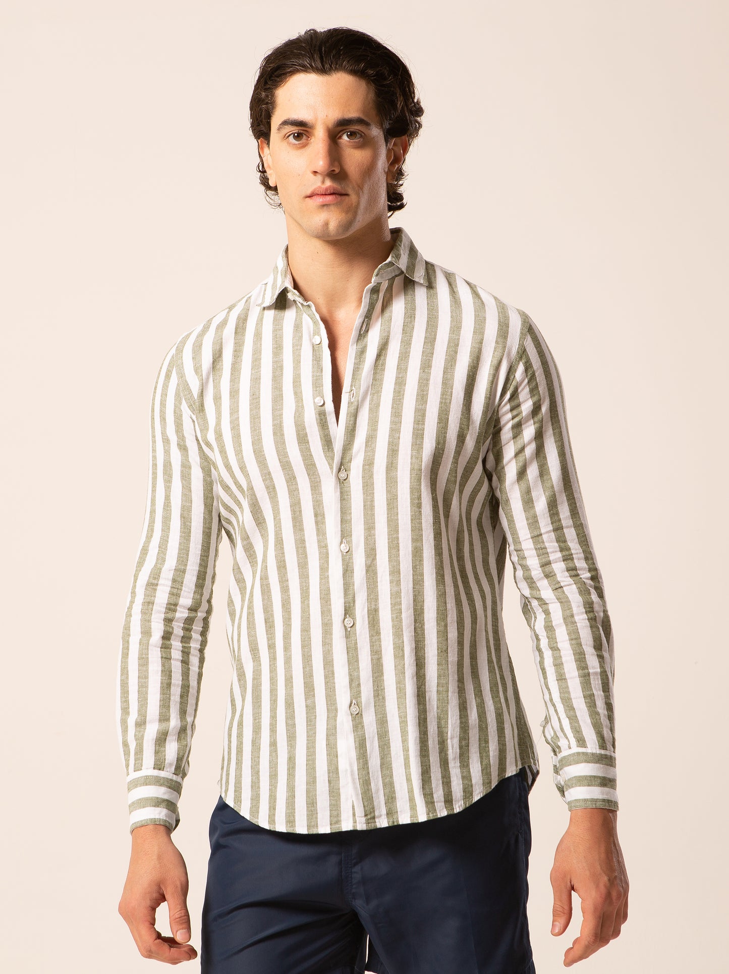 Nizza camicia lino collo francese - Camicia riga larga verde