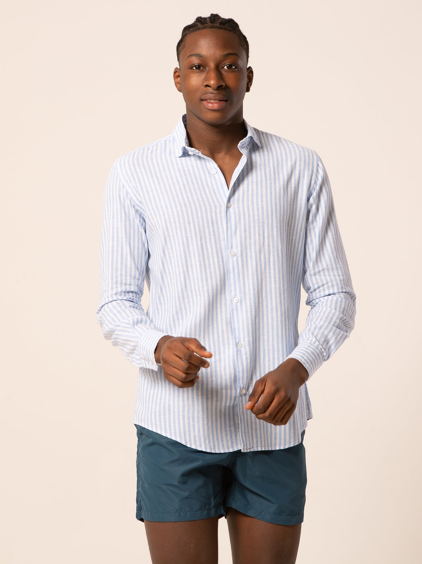 Nizza camicia lino collo francese - Camicia riga media azzurra