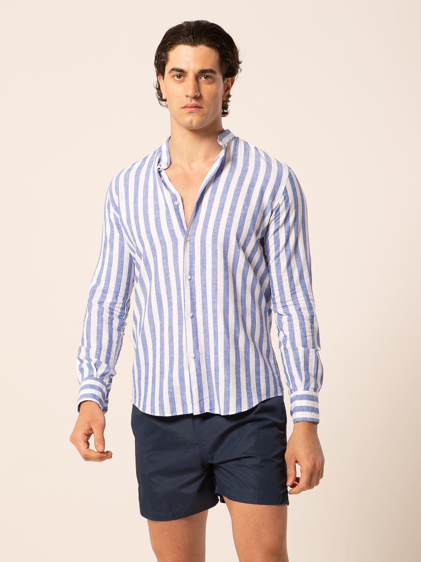 Pusan camicia lino collo coreano - Camicia coreana riga larga azzurra