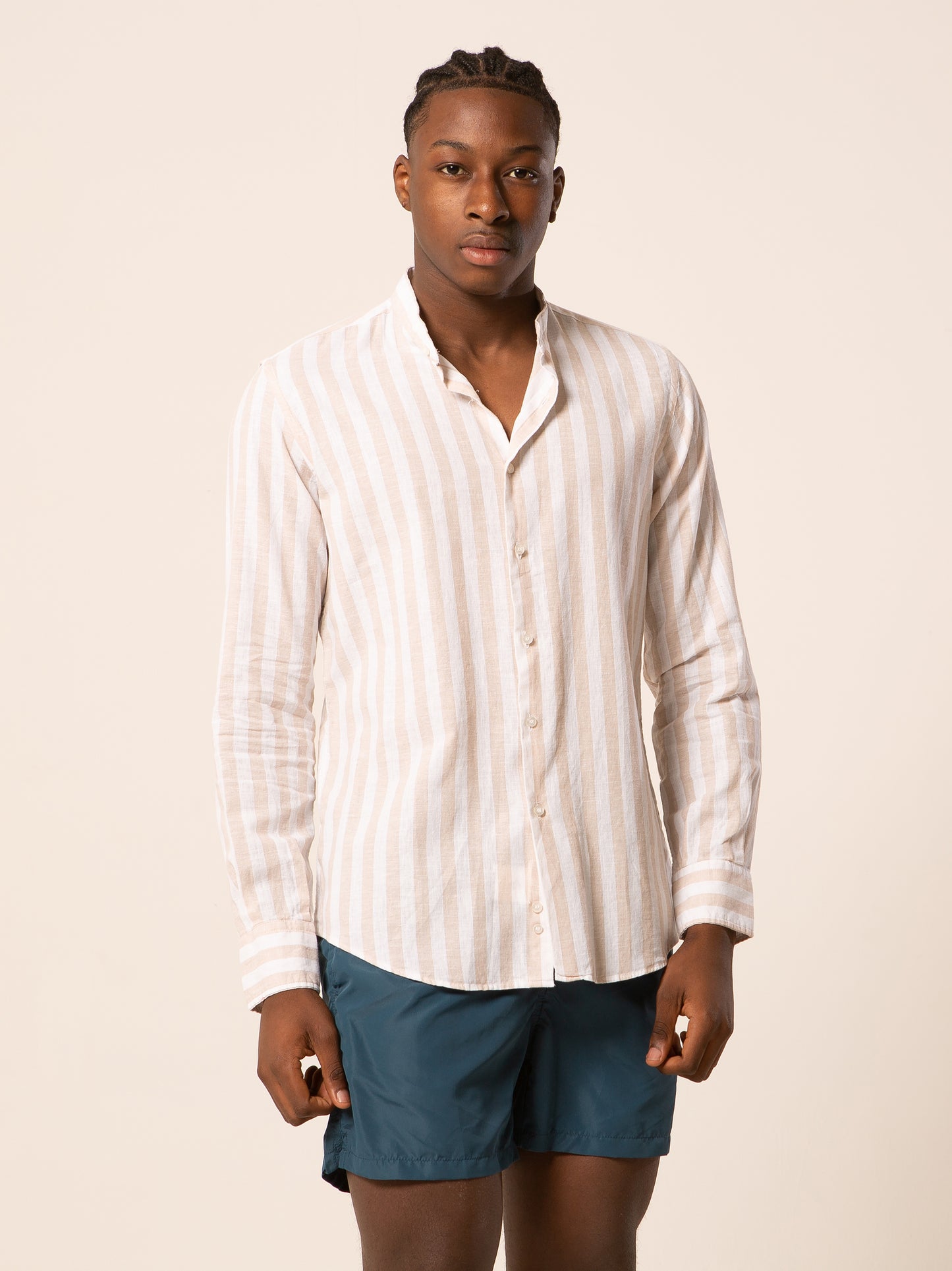 Pusan camicia lino collo coreano - Camicia coreana riga larga beige