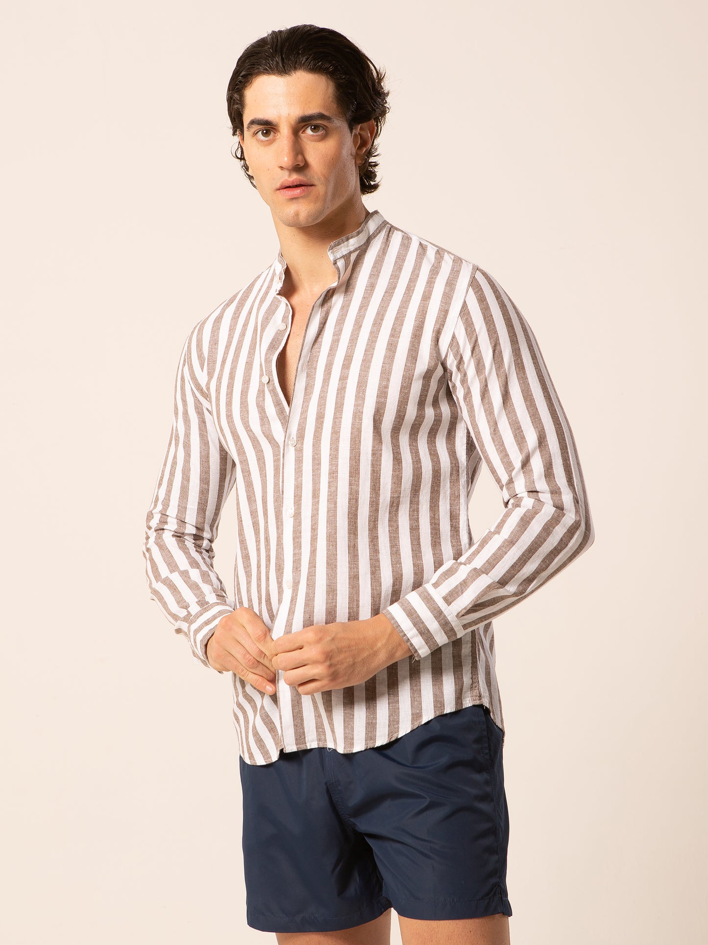Pusan camicia lino collo coreano - Camicia coreana riga larga marrone