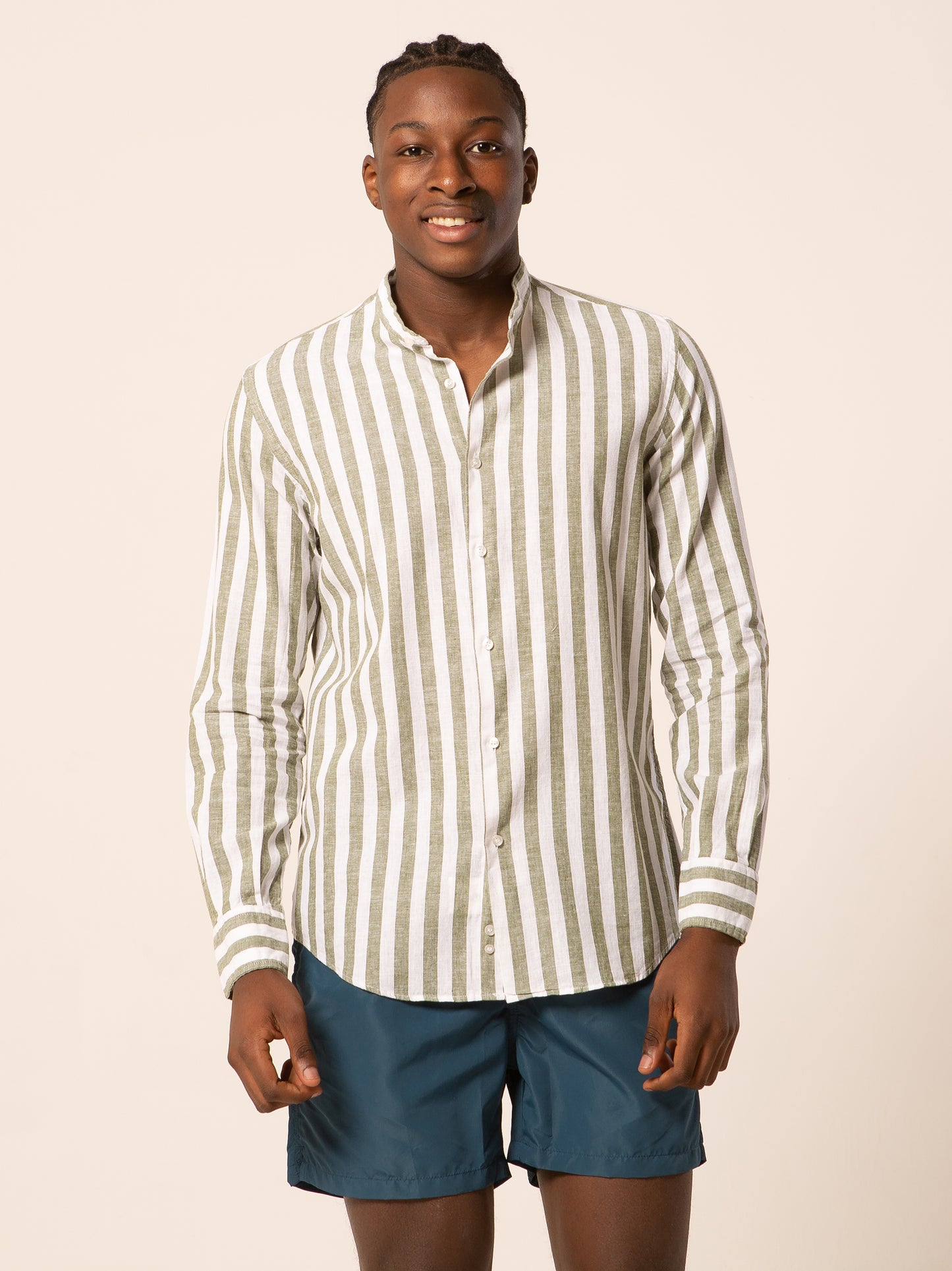 Pusan camicia lino collo coreano - Camicia coreana riga larga verde