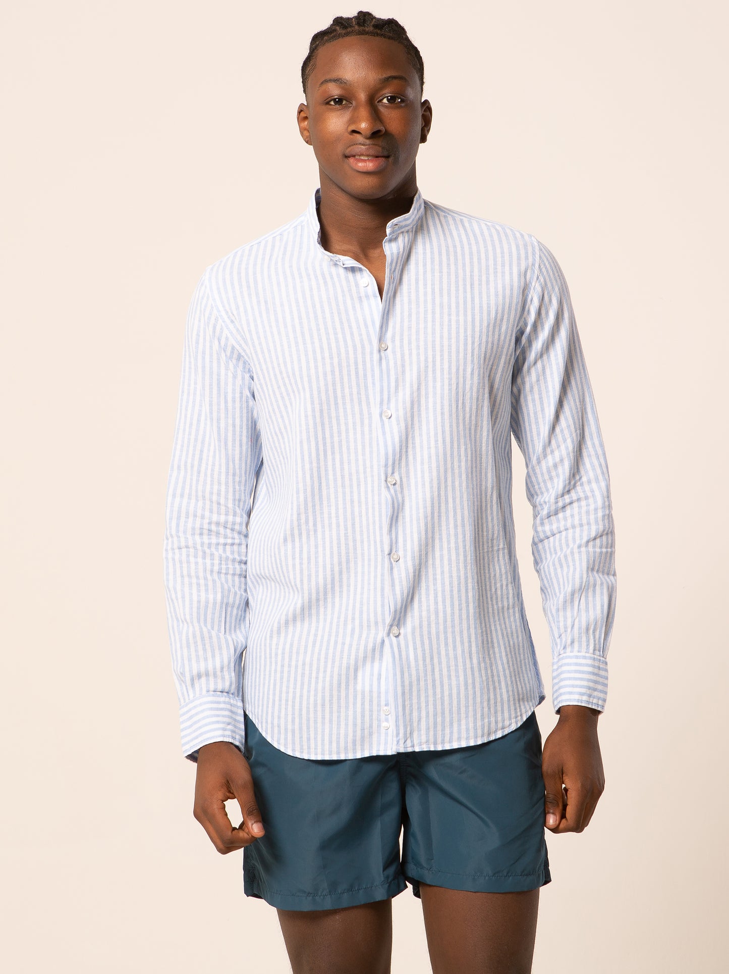 Pusan camicia lino collo coreano - Camicia coreana riga media azzurra