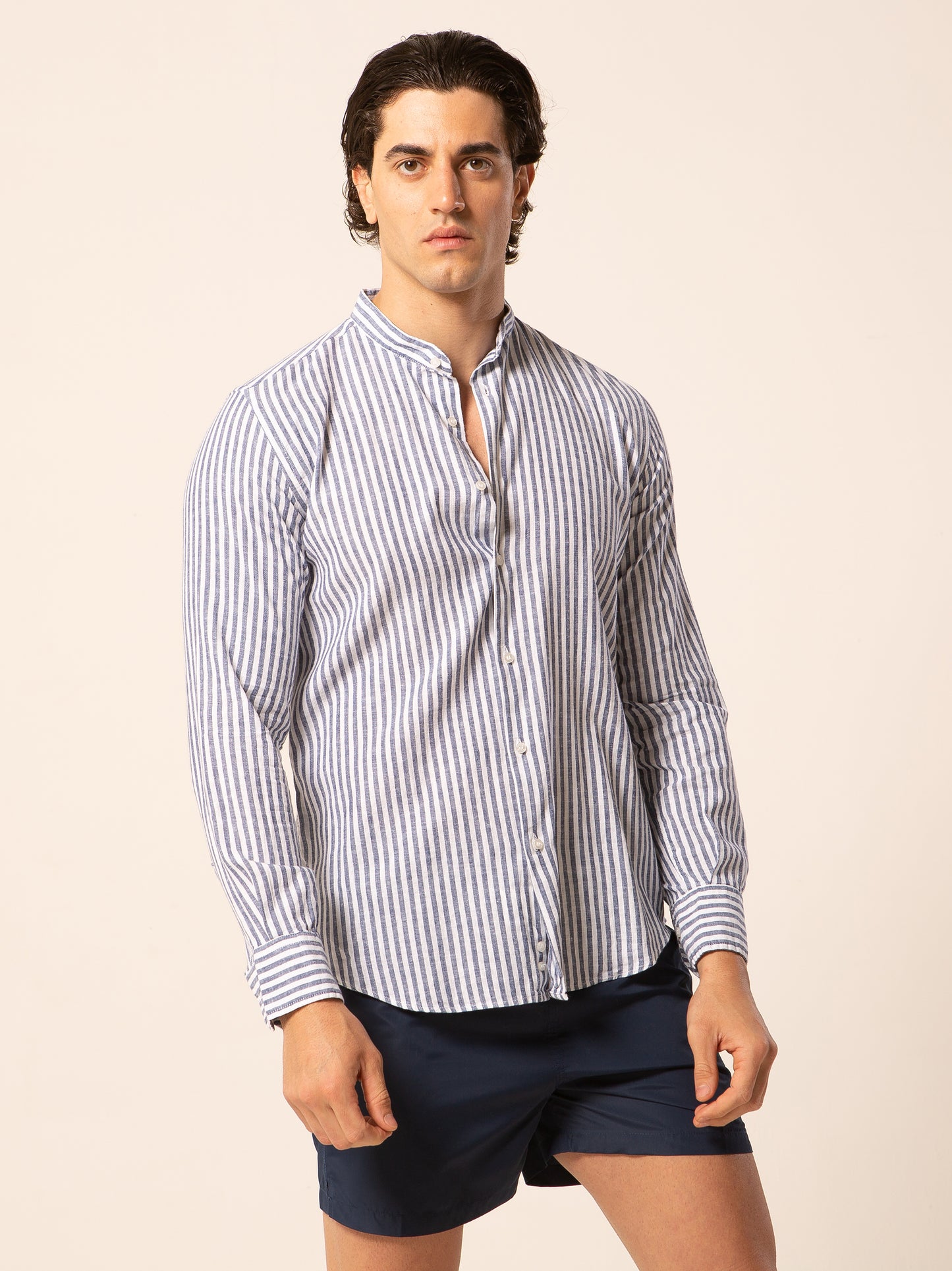 Pusan camicia lino collo coreano - Camicia coreana riga media blu