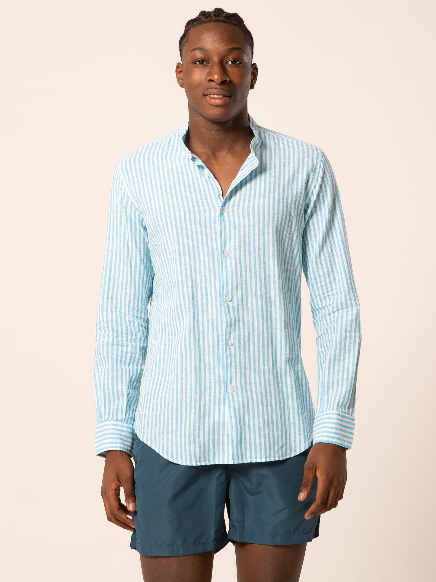 Pusan camicia lino collo coreano - Camicia coreana riga media turchese