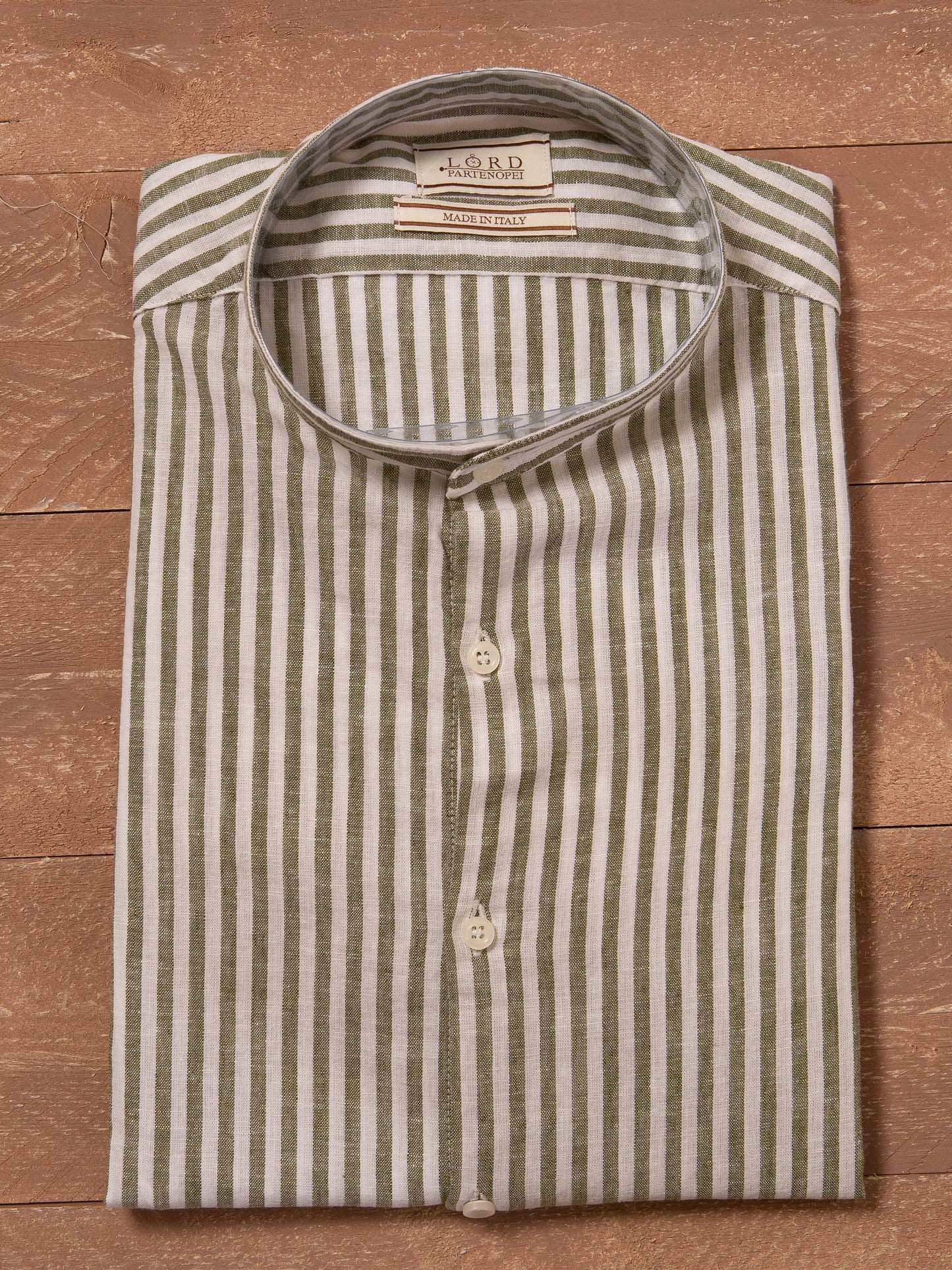 Pusan camicia lino collo coreano - Camicia coreana riga media verde militare