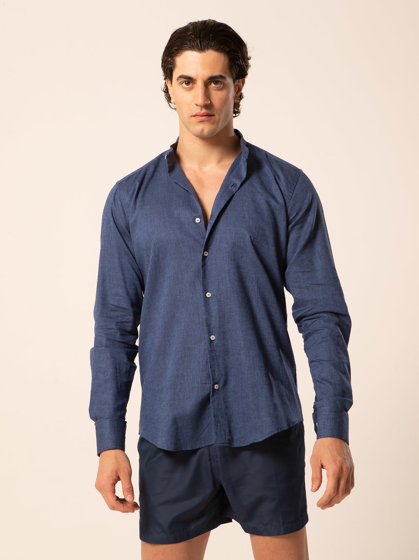 Seul camicia lino collo coreano - Camicia coreana blu