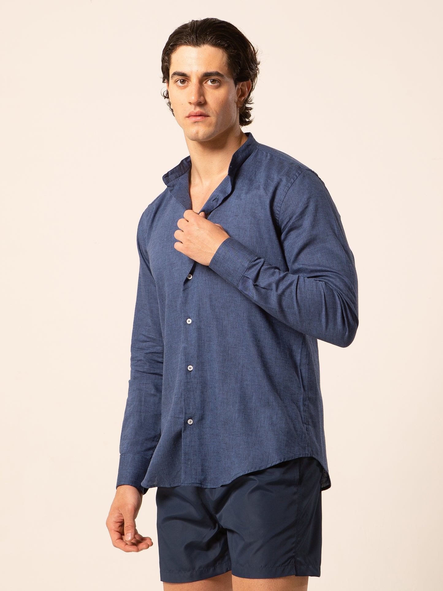 Seul camicia lino collo coreano - Camicia coreana blu