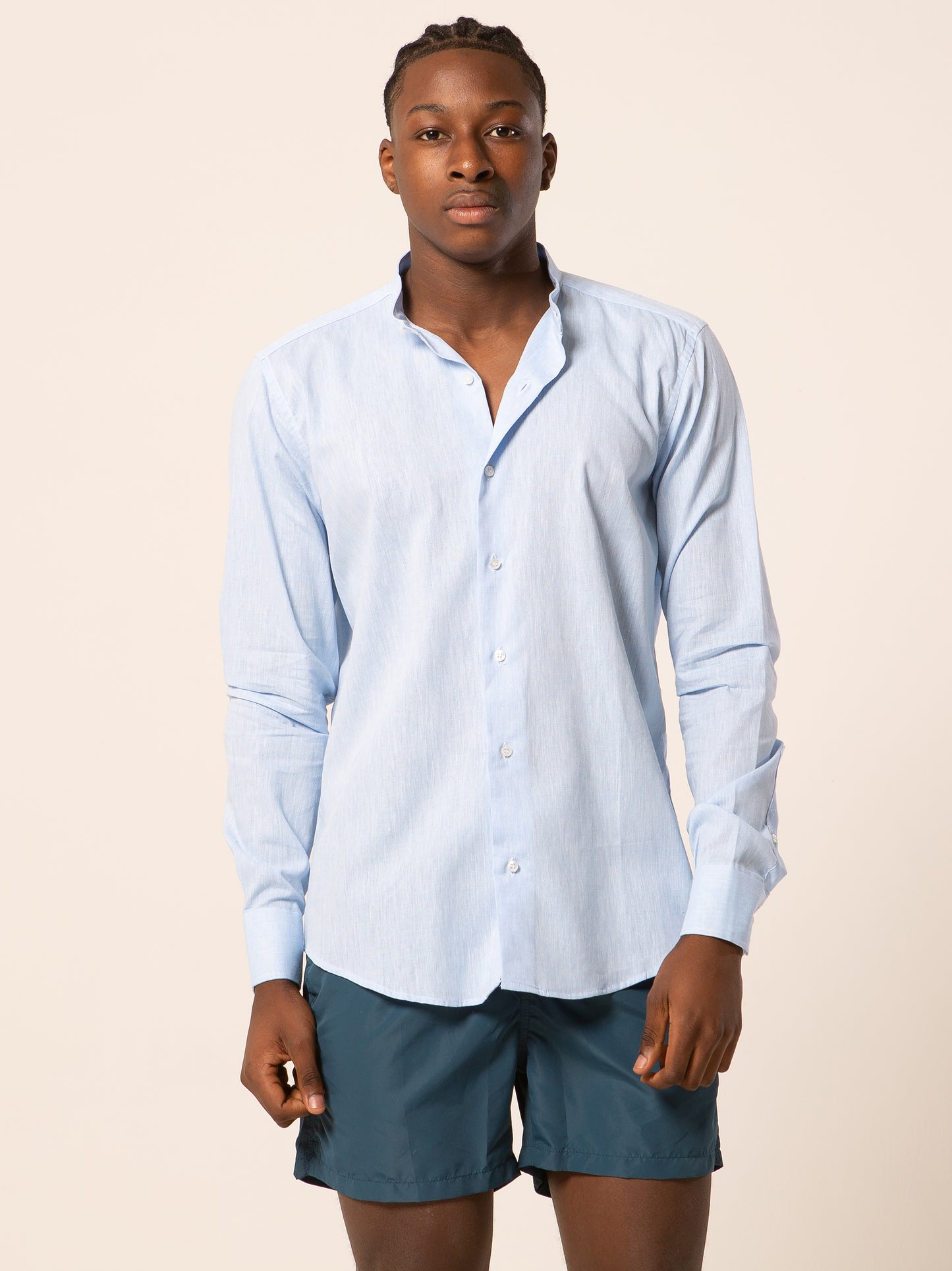 Seul camicia lino collo coreano - Camicia coreana celeste