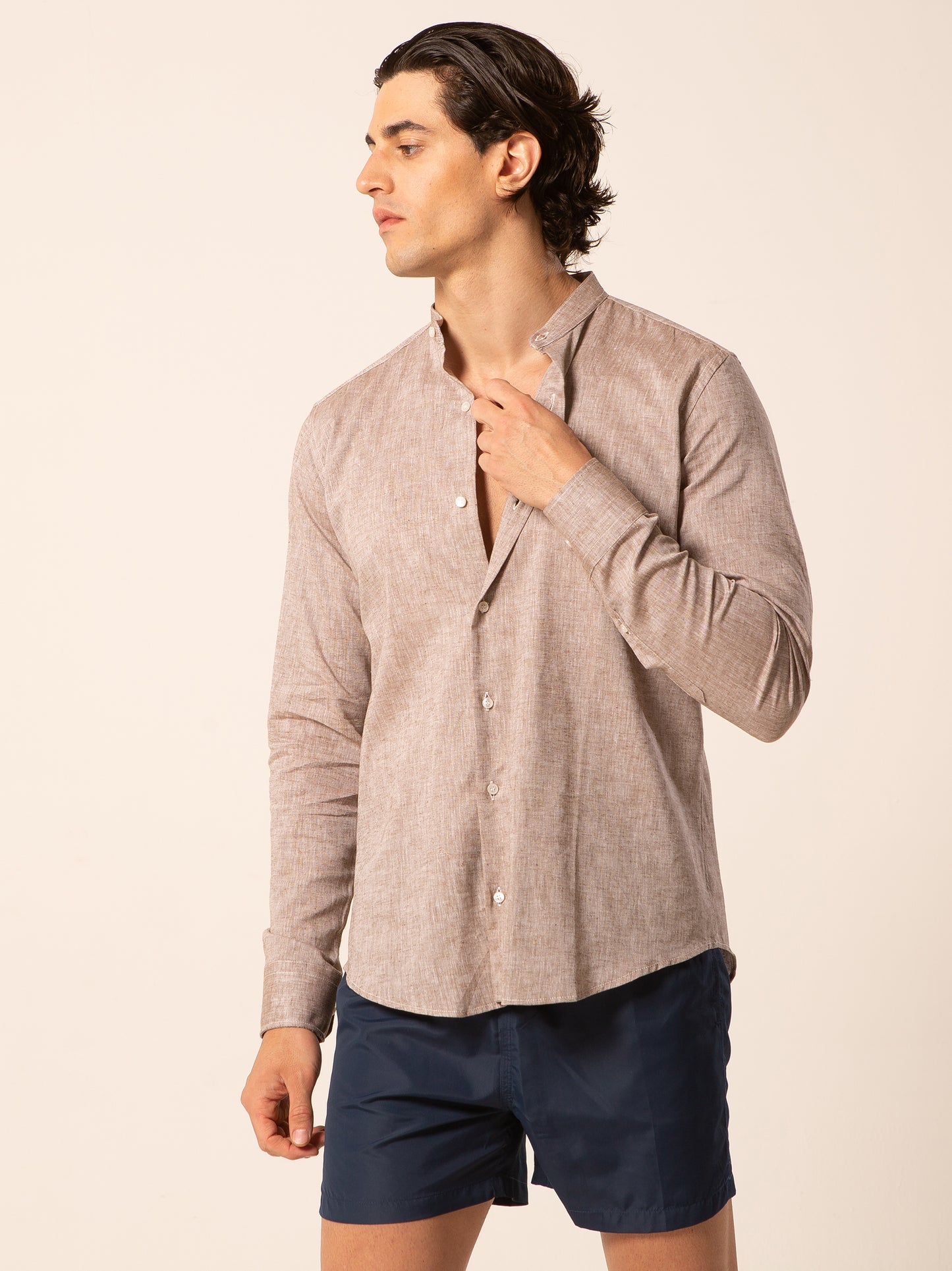 Seul camicia lino collo coreano - Camicia coreana fango