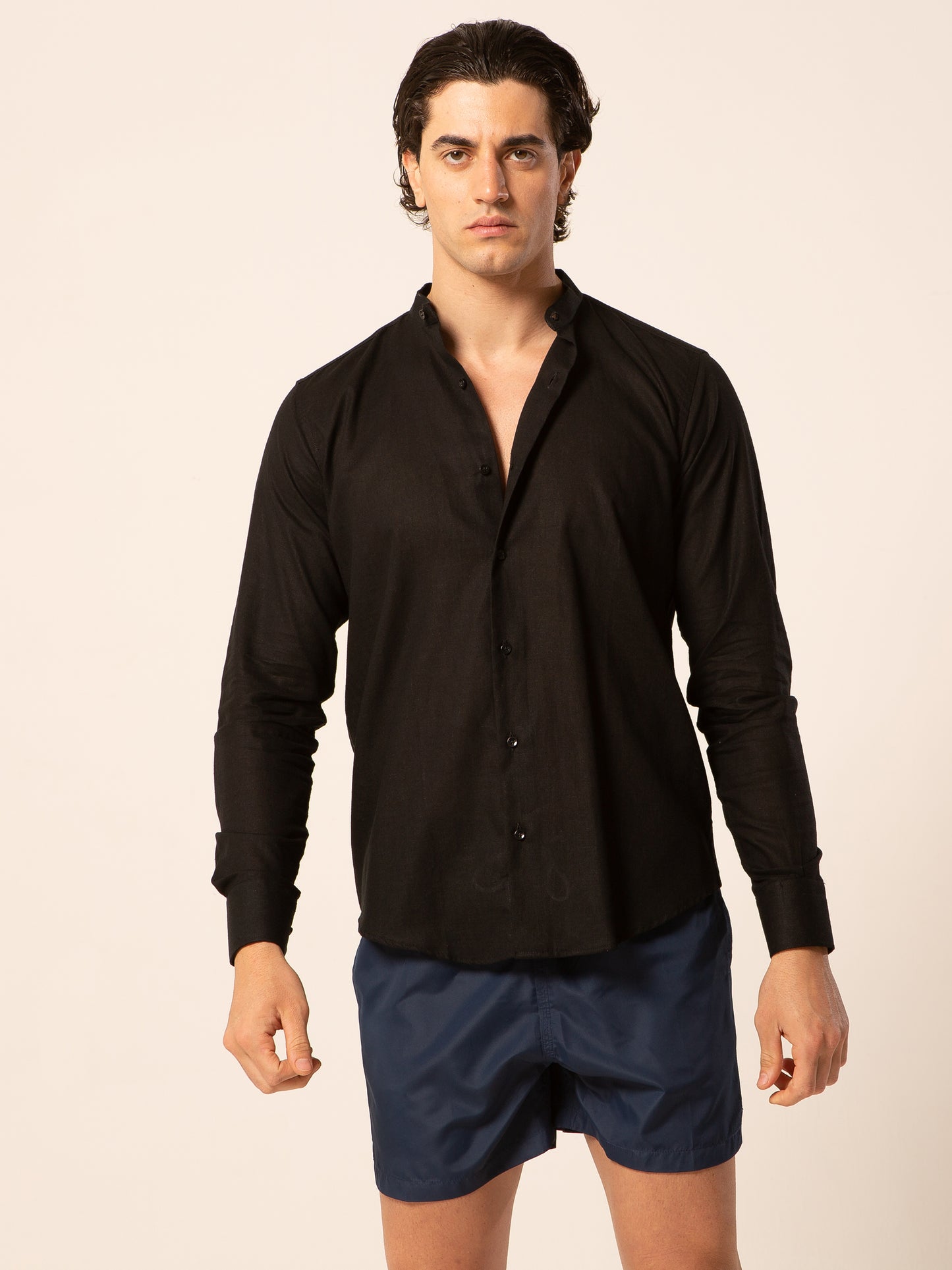 Seul camicia lino collo coreano - Camicia coreana nera