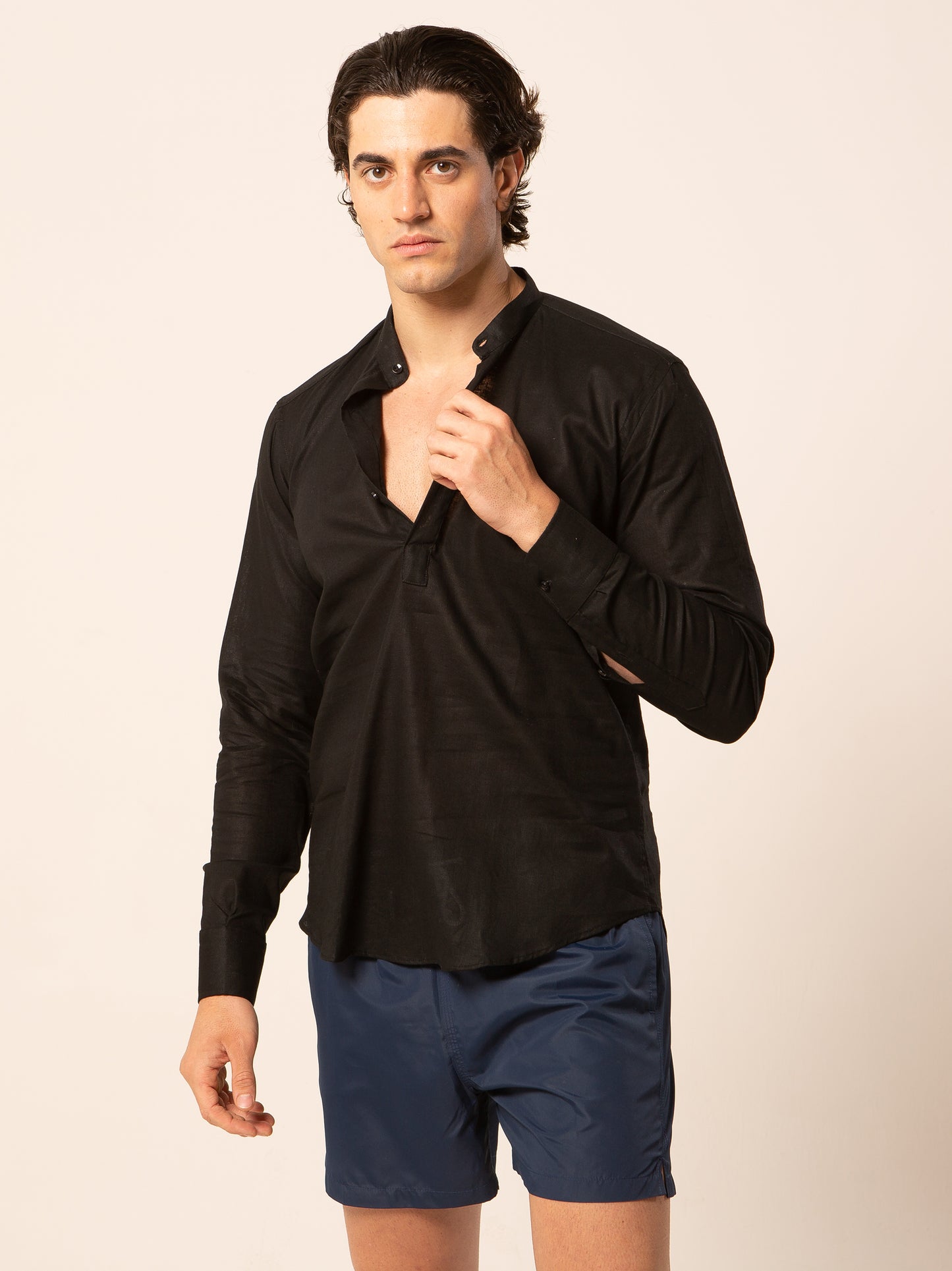 Seul camicia lino collo coreano - Camicia coreana nera