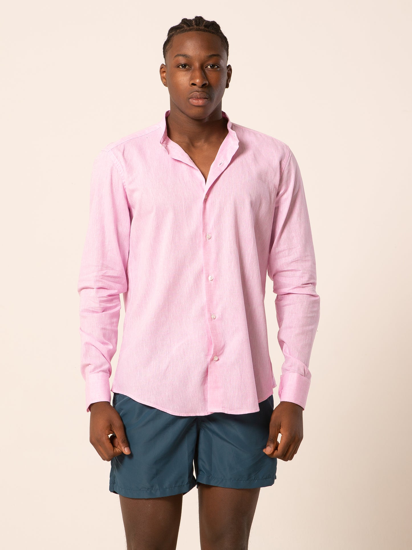 Seul camicia lino collo coreano - Camicia coreana rosa