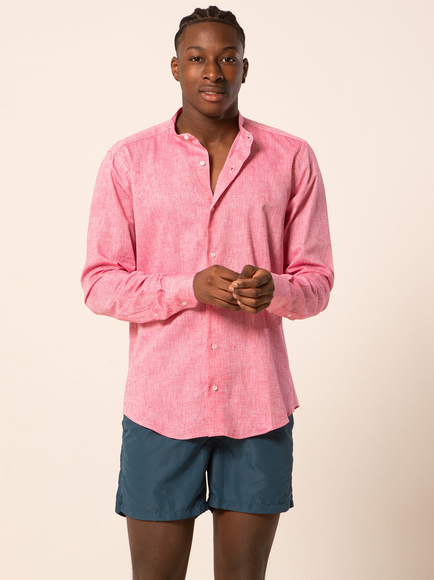 Seul camicia lino collo coreano - Camicia coreana salmone