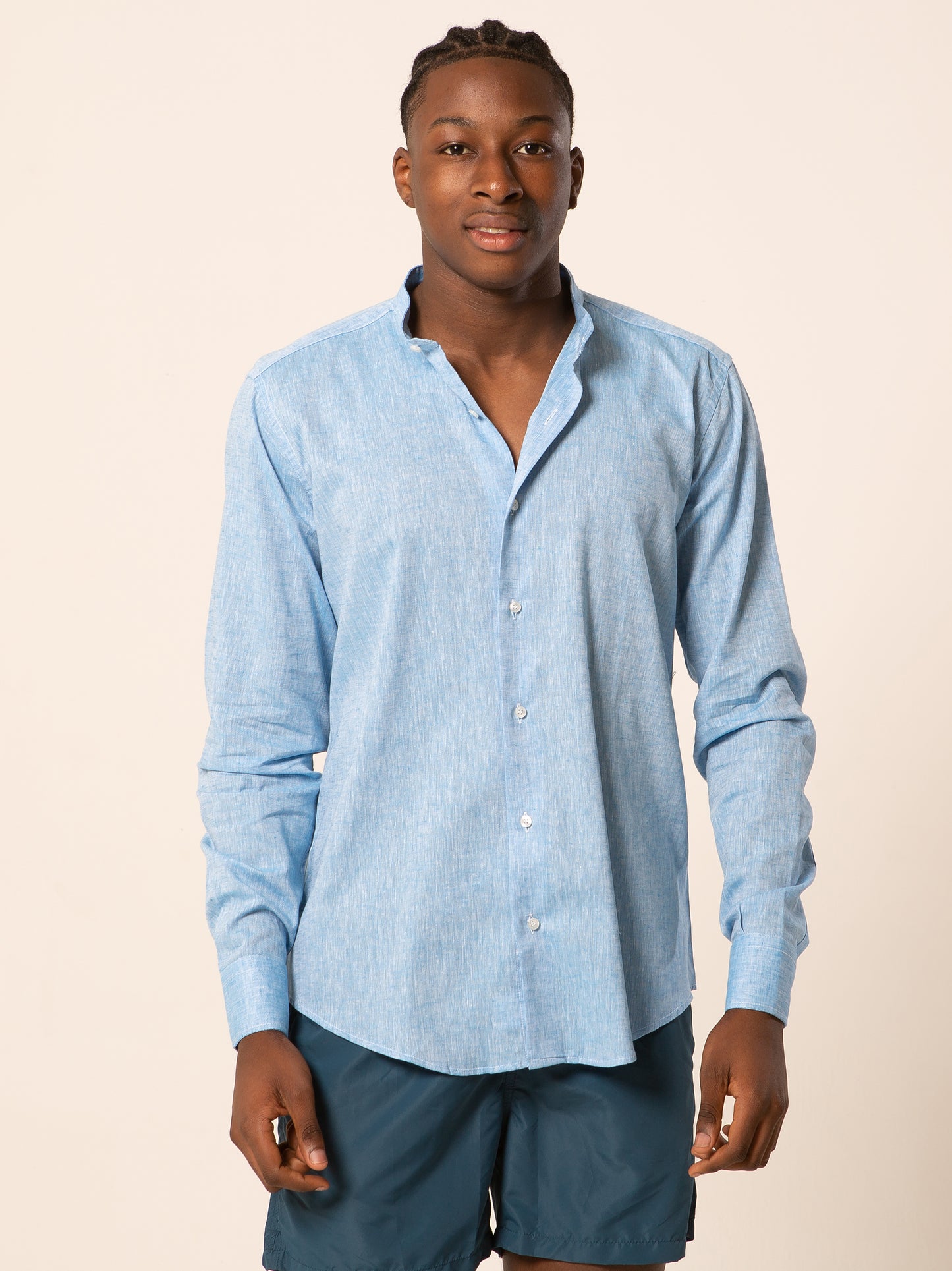 Seul camicia lino collo coreano - Camicia coreana turchese