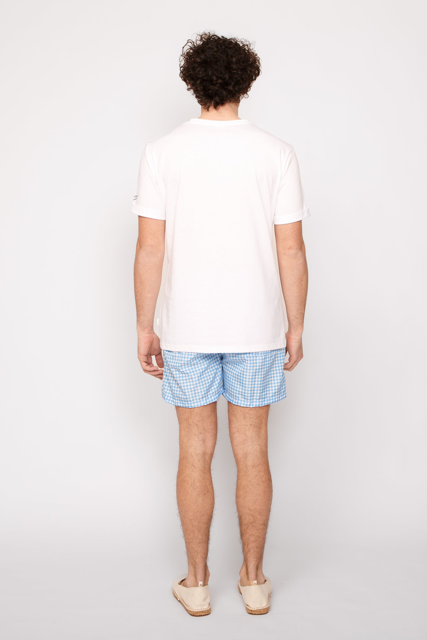 Vichy - T-shirt bianca stampa quadretti celesti