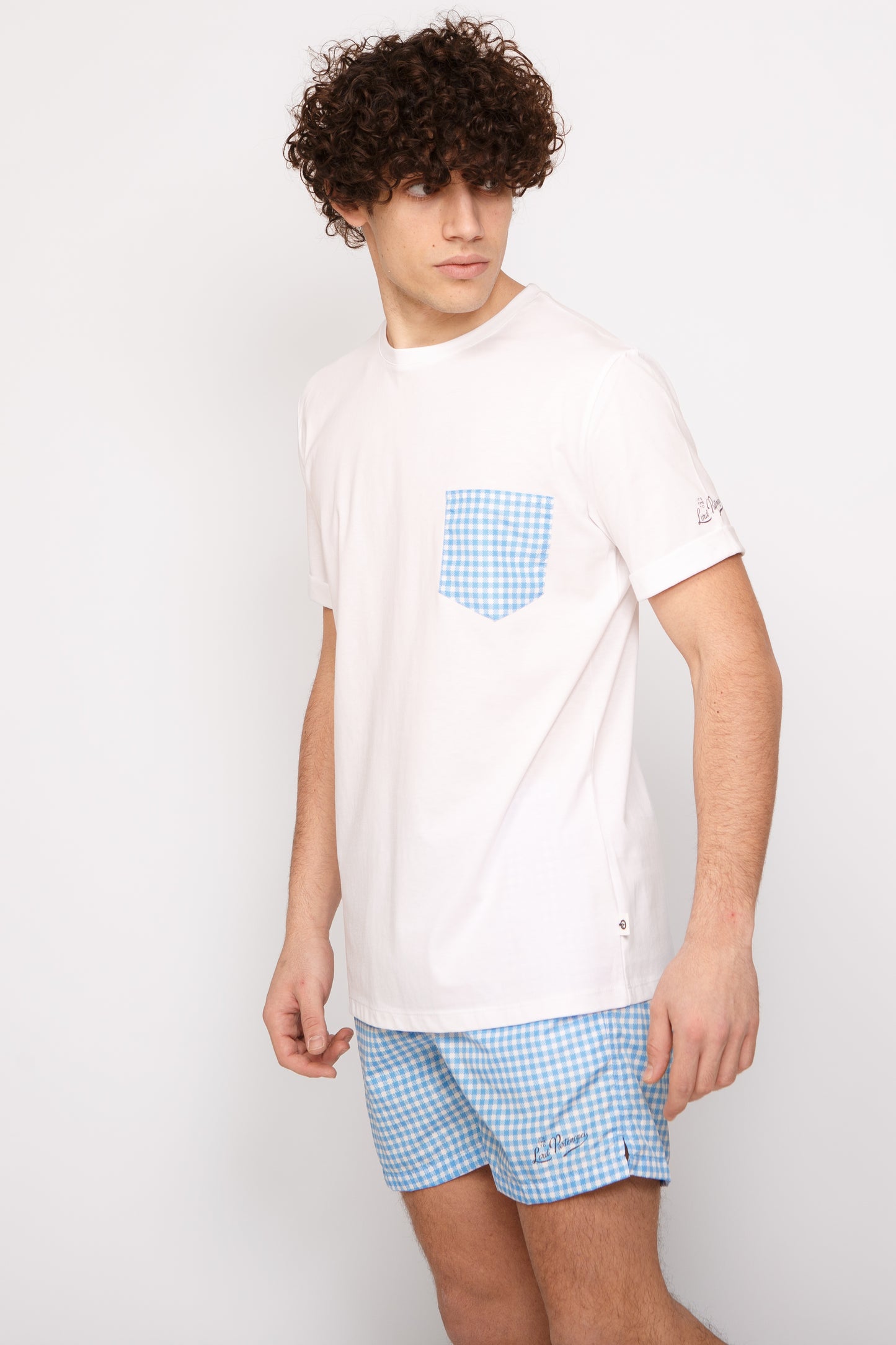 Vichy - T-shirt bianca stampa quadretti celesti