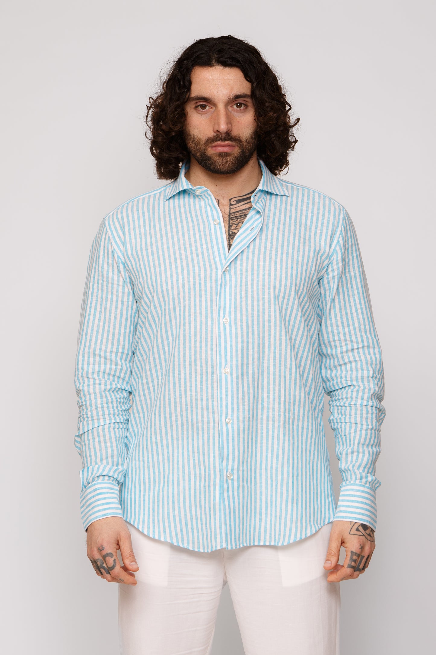 Camicia lino collo francese - Camicia lino riga media turchese