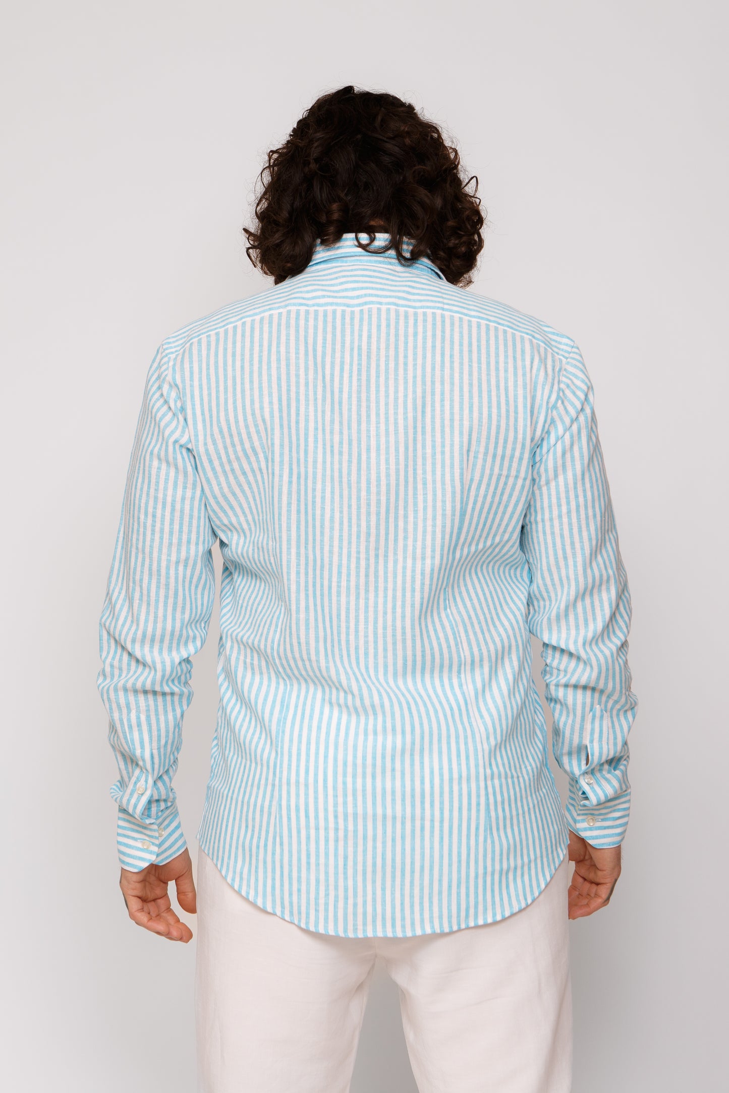 Camicia lino collo francese - Camicia lino riga media turchese