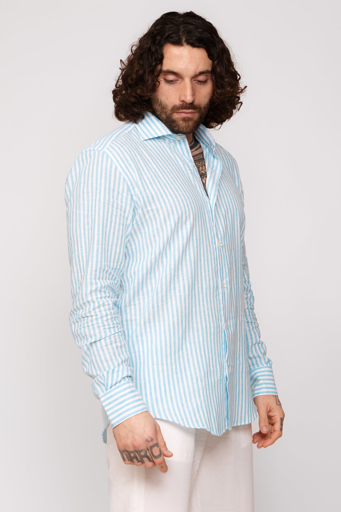 Camicia lino collo francese - Camicia lino riga media turchese