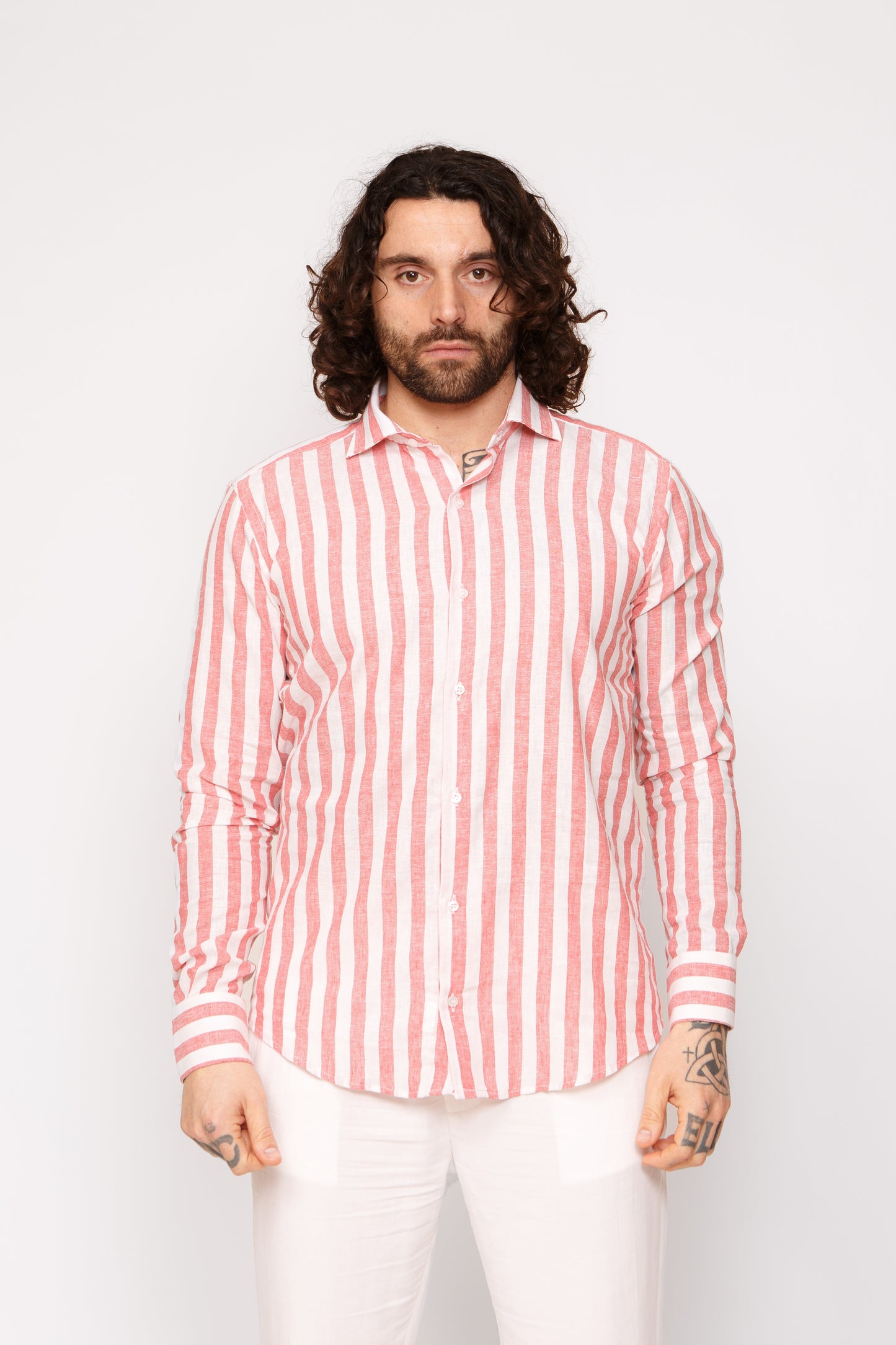 Camicia lino collo francese - Camicia lino riga larga rossa