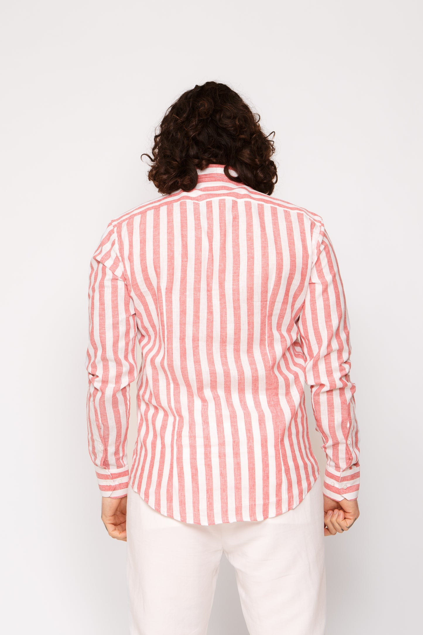 Camicia lino collo francese - Camicia lino riga larga rossa