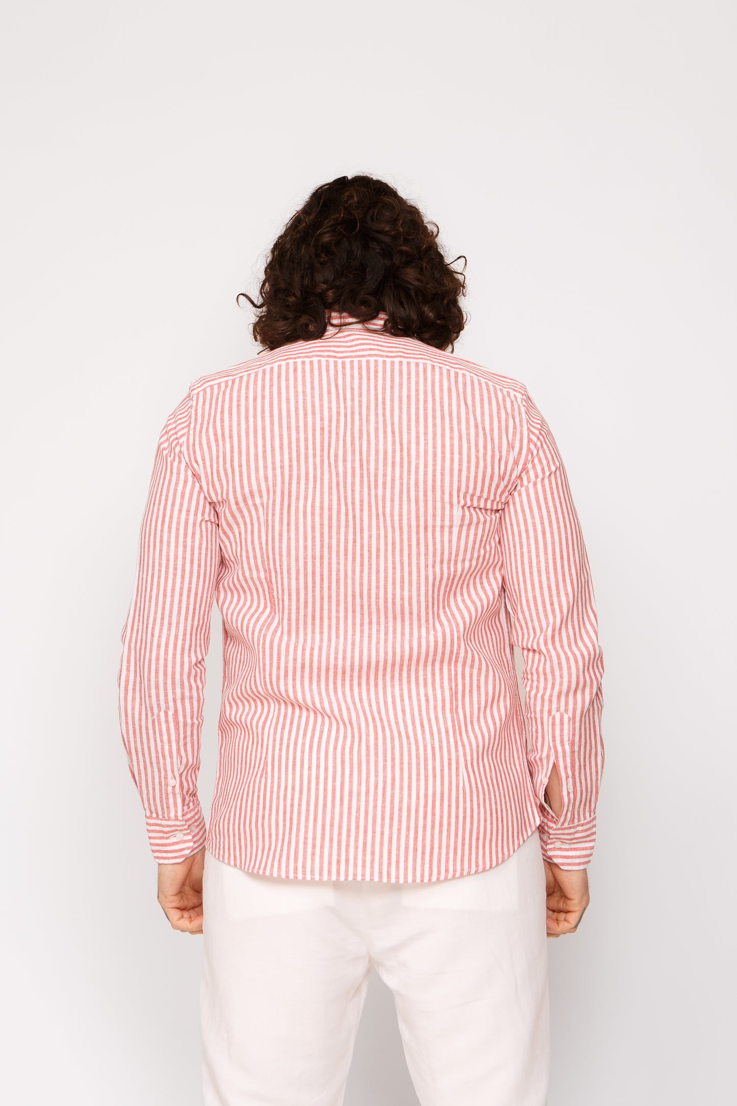 Camicia lino collo francese - Camicia lino riga media rosso