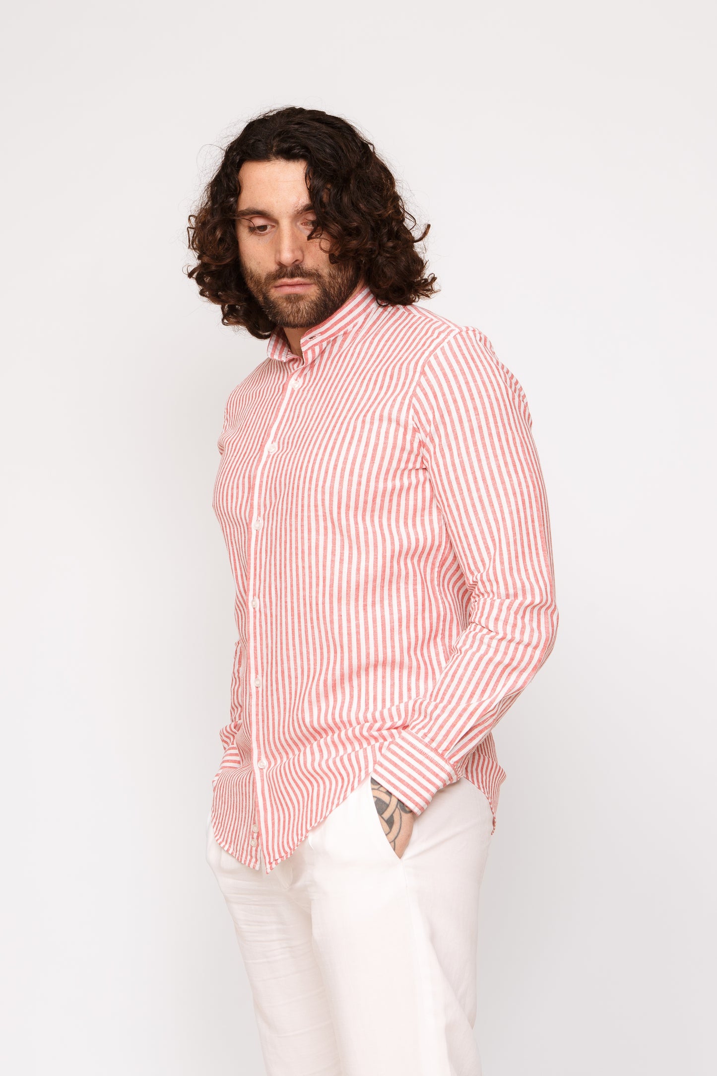 Camicia lino collo francese - Camicia lino riga media rosso