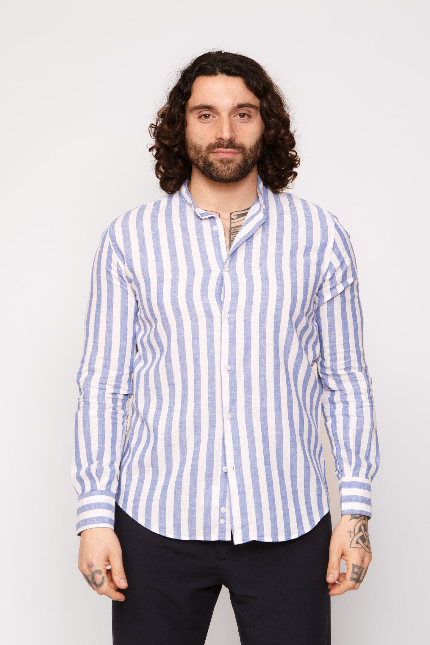 Camicia lino collo coreano - Camicia coreana lino riga larga blu