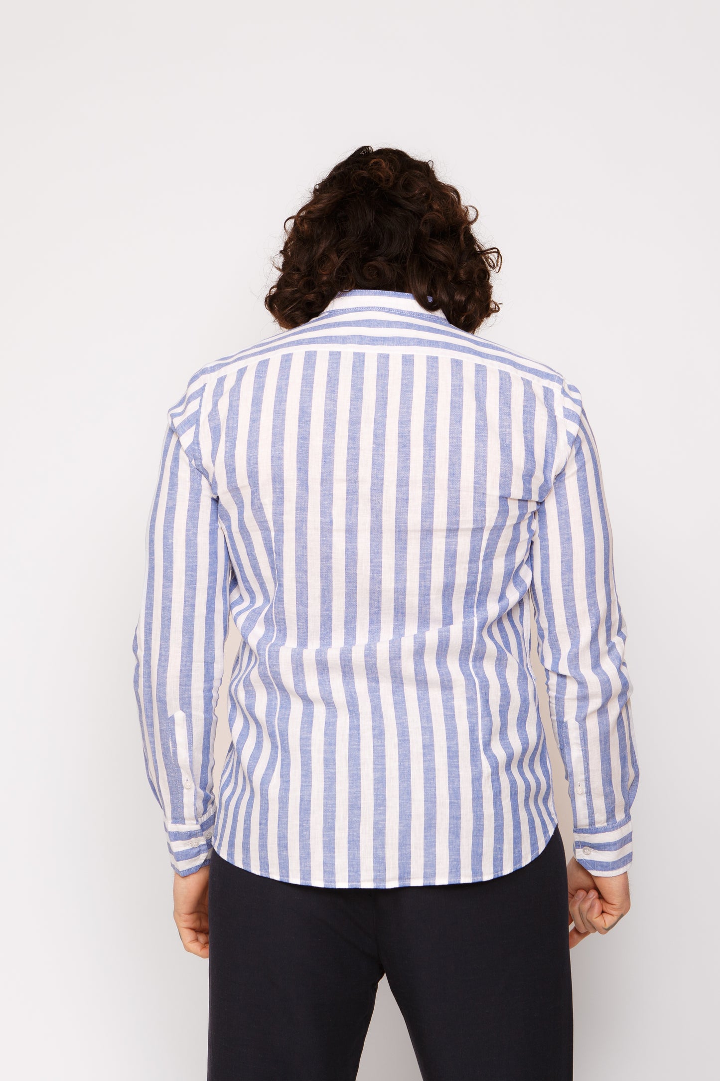 Camicia lino collo coreano - Camicia coreana lino riga larga blu
