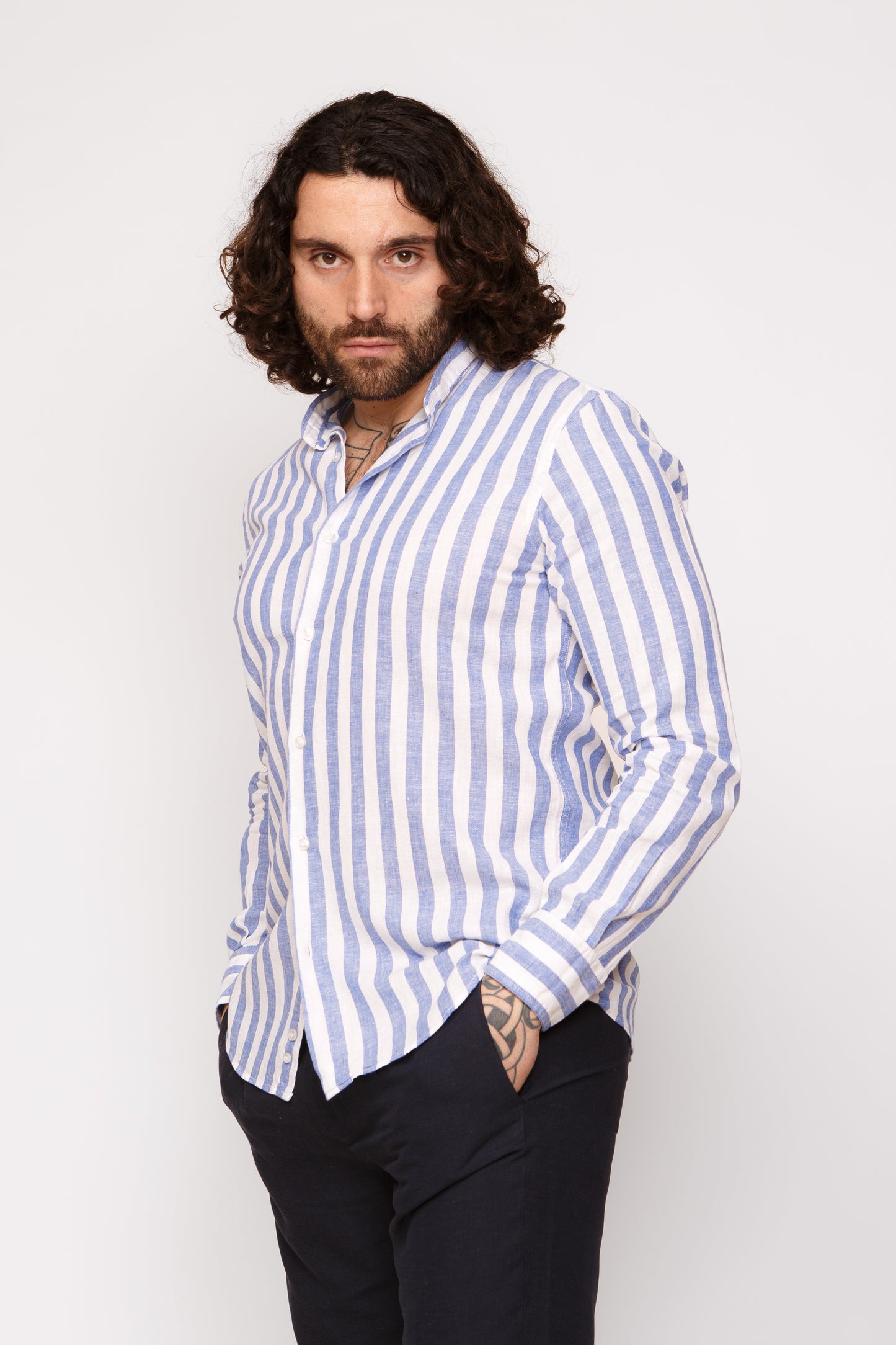 Camicia lino collo coreano - Camicia coreana lino riga larga blu