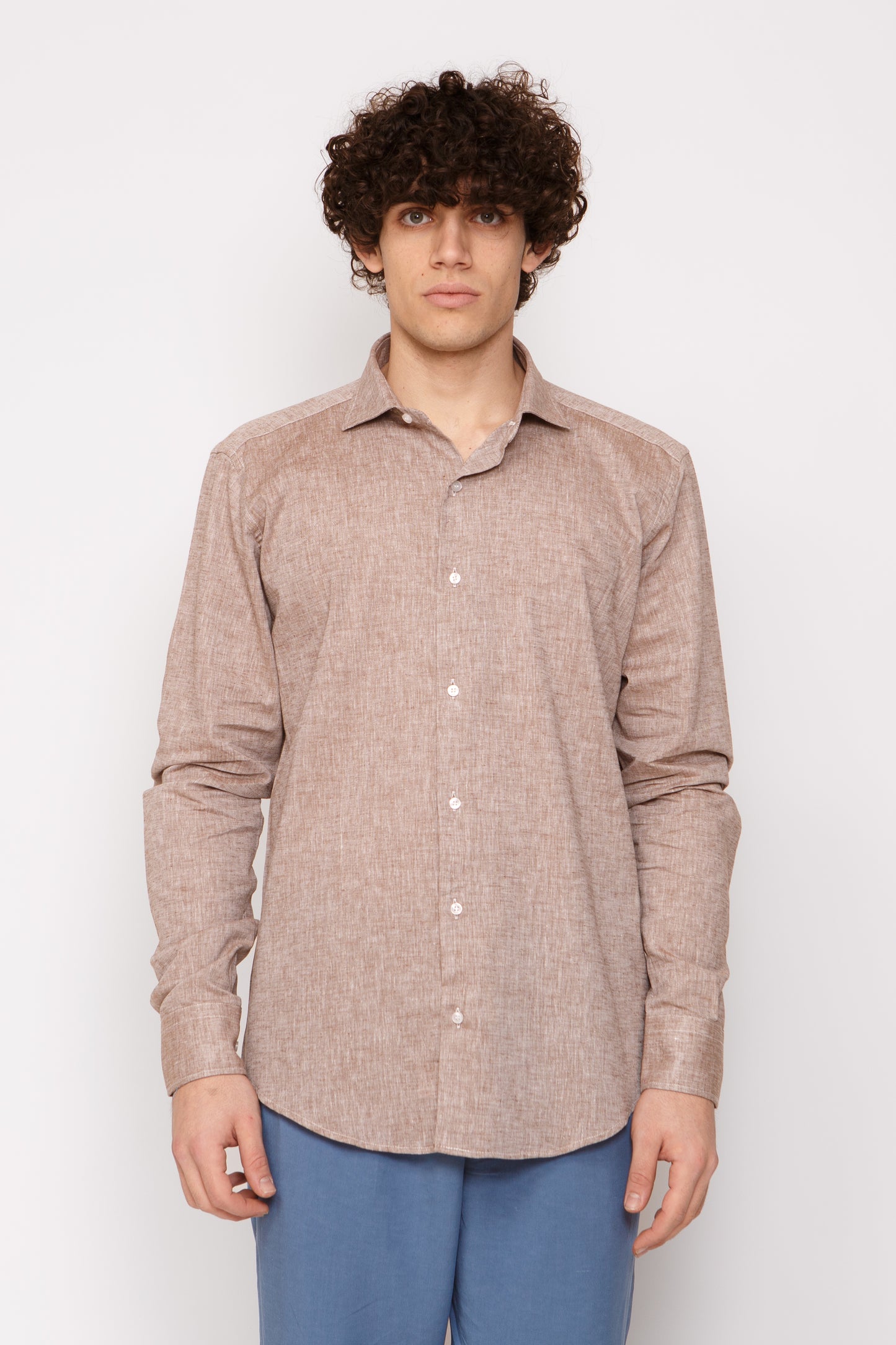 Camicia lino collo francese - Camicia lino fango