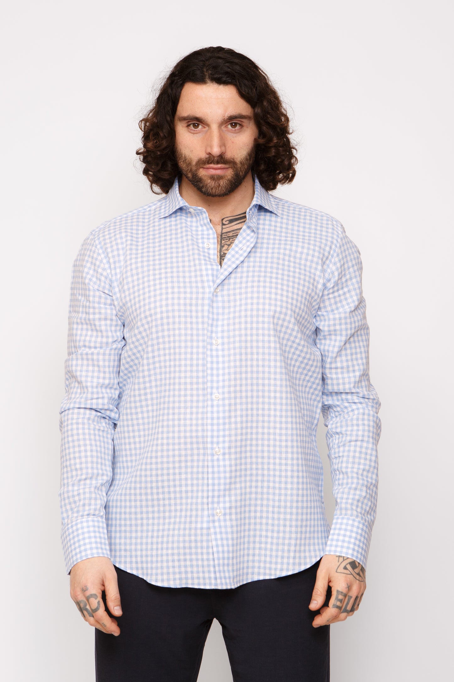 Camicia lino collo francese - Camicia lino quadri azzurri