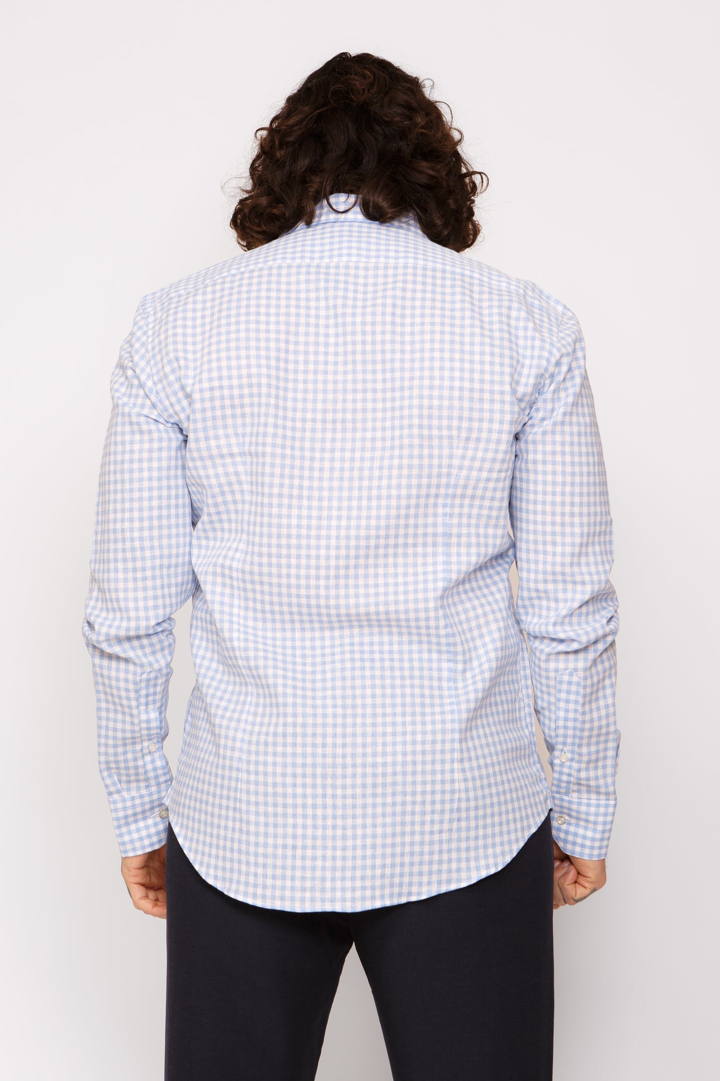 Camicia lino collo francese - Camicia lino quadri azzurri
