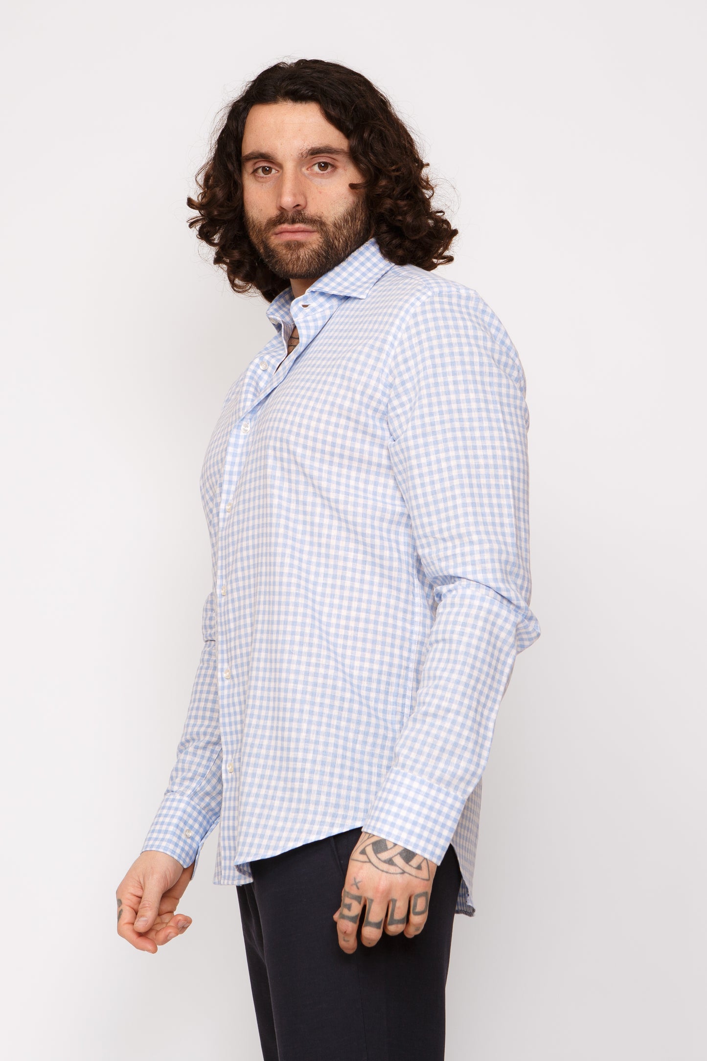 Camicia lino collo francese - Camicia lino quadri azzurri