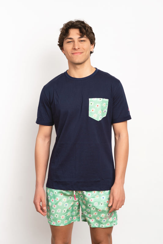Blossom - T-shirt blu fantasia taschino margherite