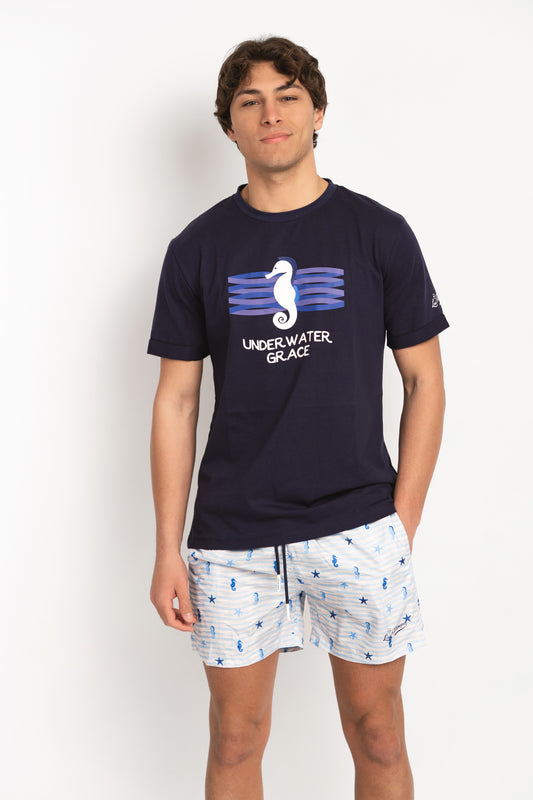 Seahorse- T-shirt blu fantasia seahorse