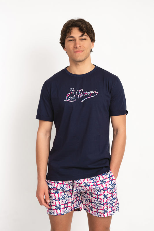 Ustica- T-shirt blu fantasia logo maioliche