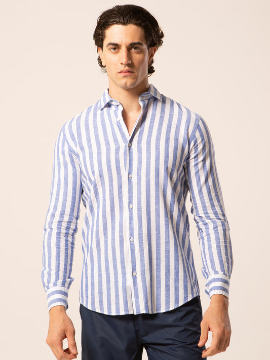 Nizza camicia lino collo francese - Camicia riga larga blu