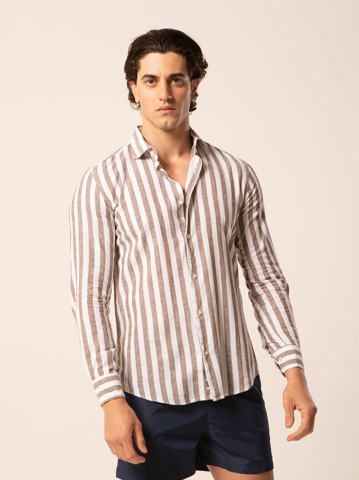 Nizza camicia lino collo francese - Camicia riga larga marrone