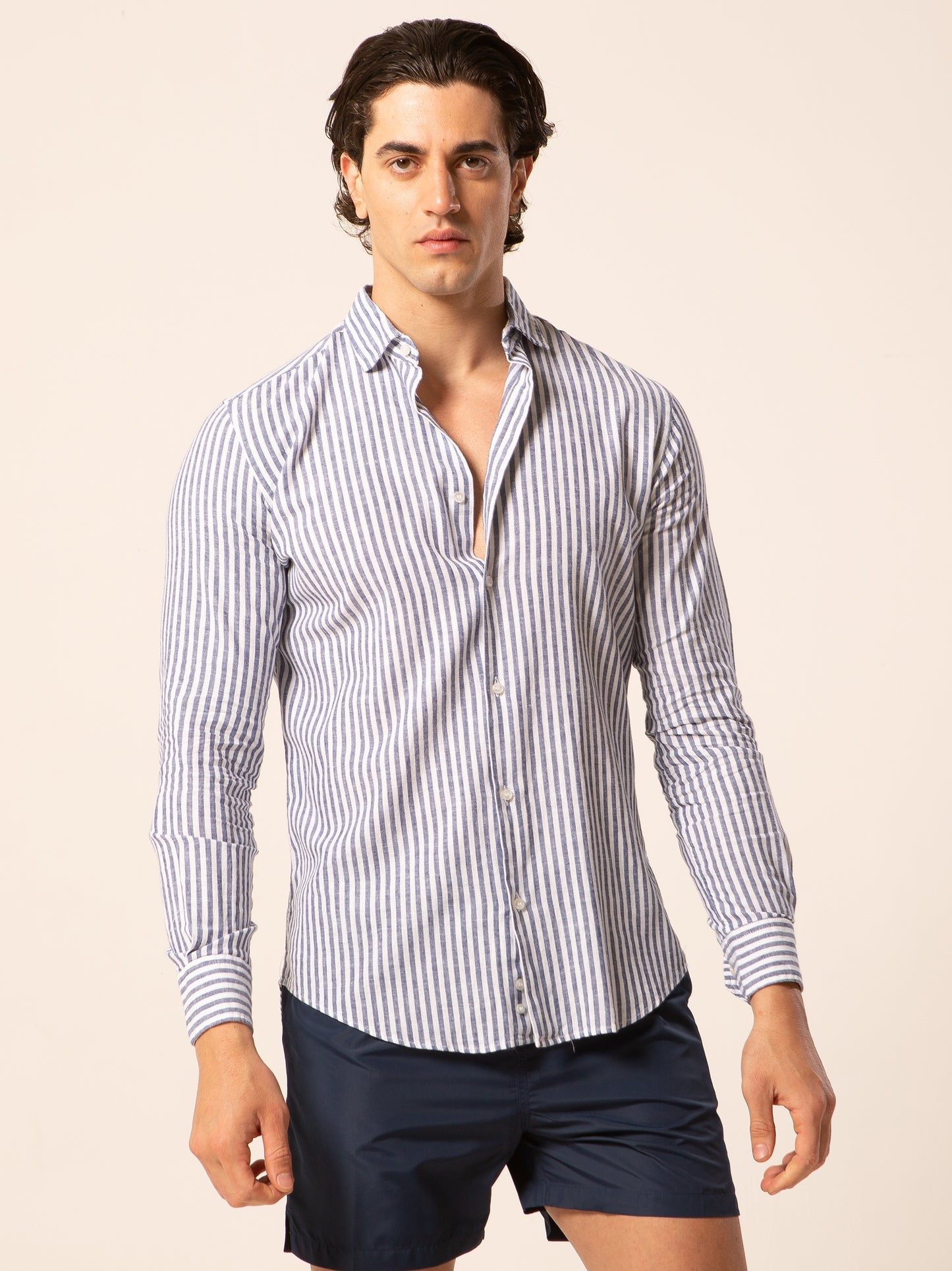 Nizza camicia lino collo francese - Camicia riga media blu