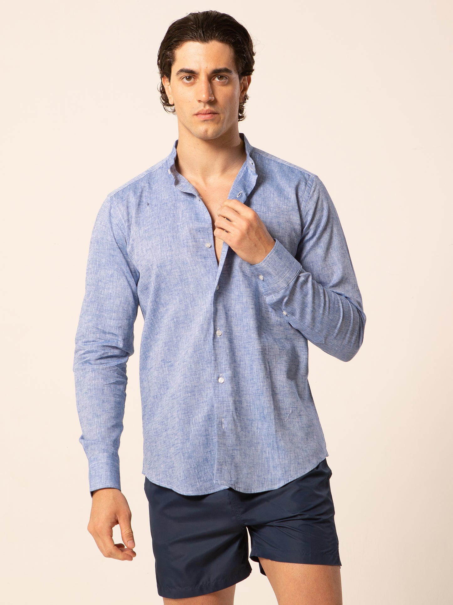 Seul camicia lino collo coreano - Camicia coreana azzurra