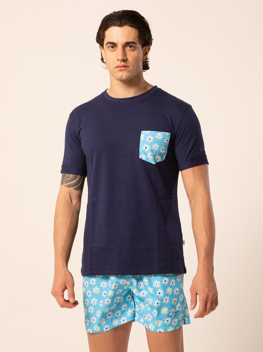 Blossom - T-shirt blu fantasia taschino fiori