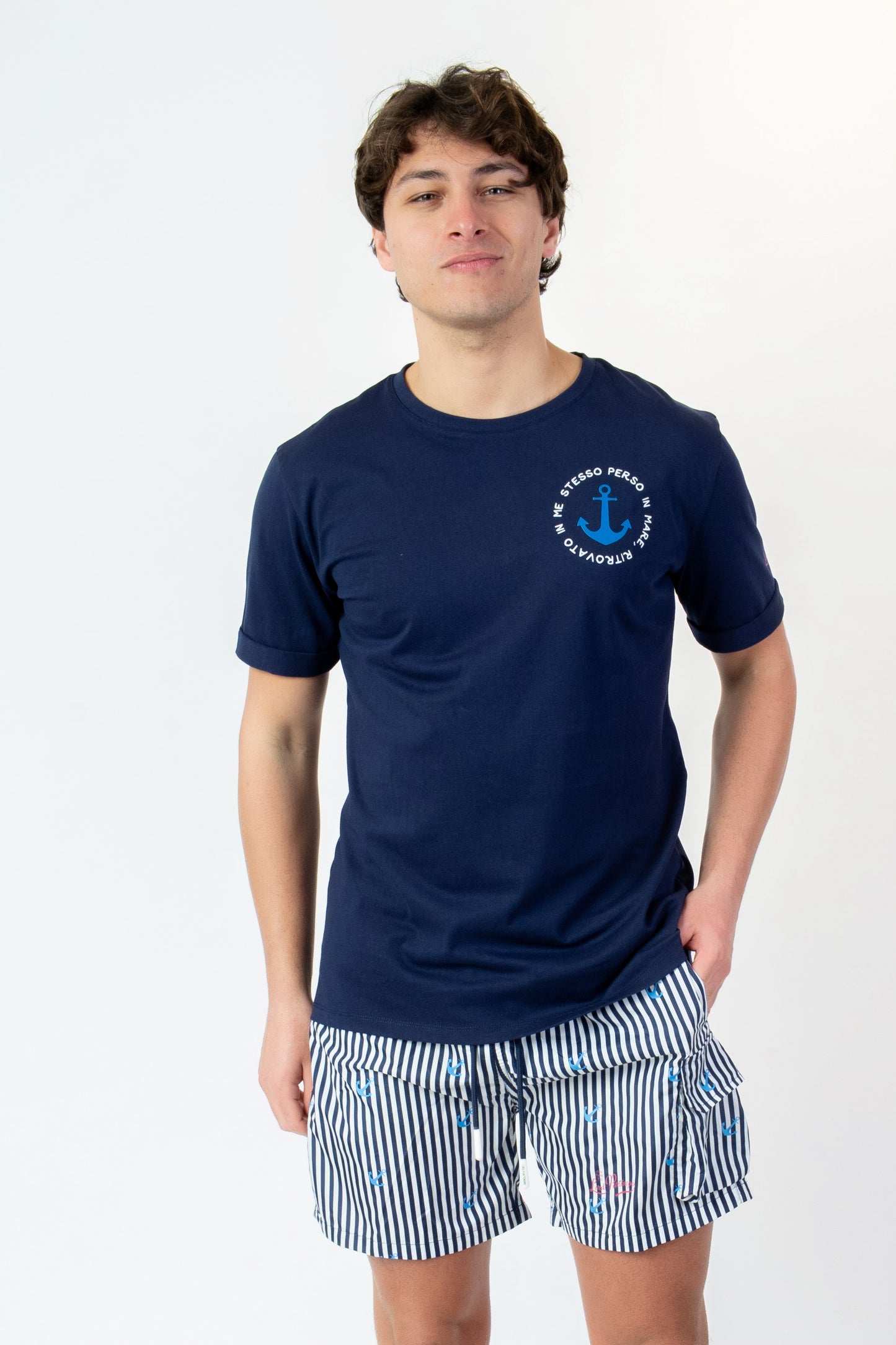 Anchors tripe- T-shirt blu fantasia ancora