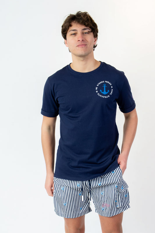 Anchors tripe- T-shirt blu fantasia ancora