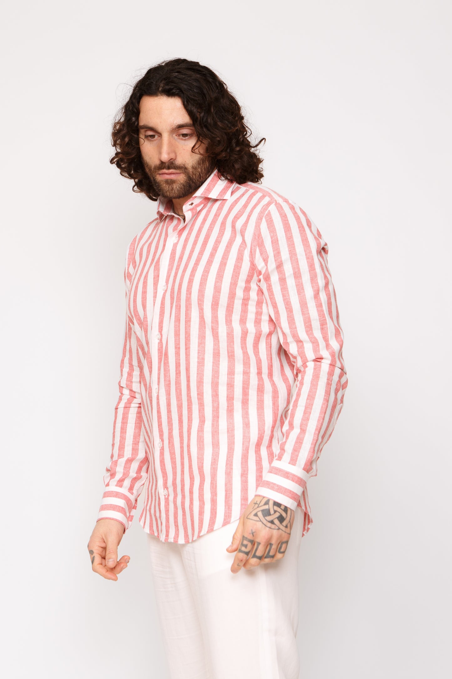 Camicia lino collo francese - Camicia lino riga larga rossa