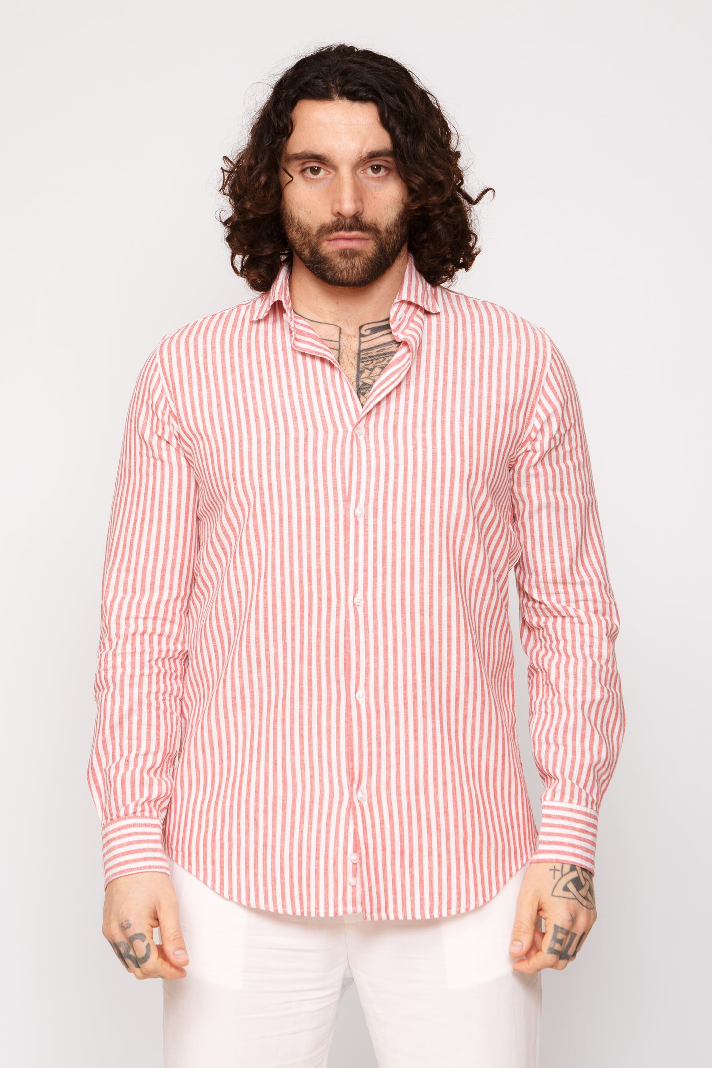 Camicia lino collo francese - Camicia lino riga media rosso